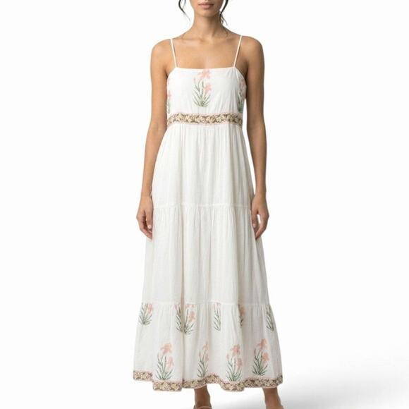 Madison Mathews Dresses & Skirts - Madison Mathews White Cotton Embroidered Maxi Dress Boho Ruffled Hem L